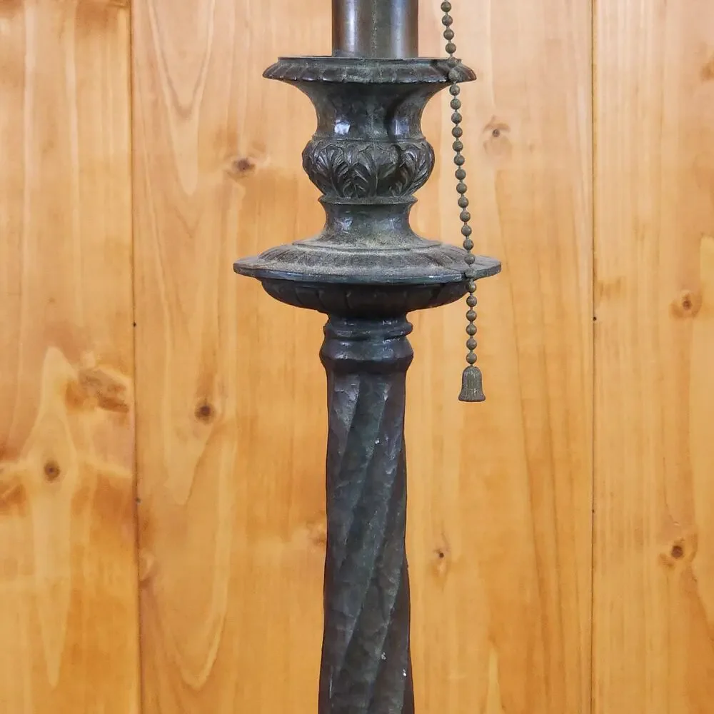 Antique Style Bronze Torchiere Lamp Hammered Column Frosted Tulip Shade